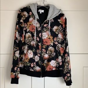 Floral zip front jacket with hood